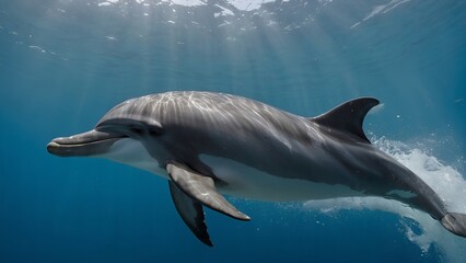 Wall Mural - Dolphins swimming side by side in the sparkling sea