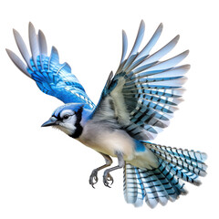 stunning bluejay in mid-flight displaying its vibrant plumage against a transparent background
