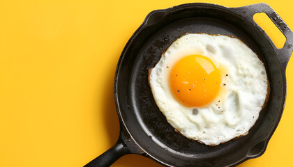 Canvas Print - Tasty fried egg in pan on yellow background, closeup