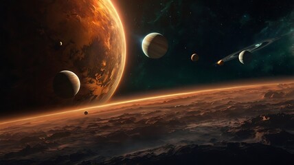 Abstract background of a unique fantasy space with planets  and a view contain earth and other planets