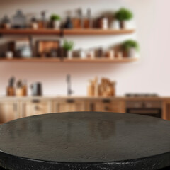 Wall Mural - black empty kitchen table with space for products. blurred kitchen wall with shelves and kitchen ute