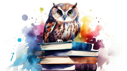 Sticker - watercolor owl sitting on top of books clipart