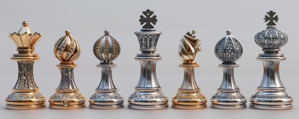 Luxurious Silver and Gold Chess Pieces with Ornate Designs