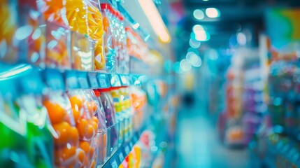 Sticker - A grocery store aisle with many different types of fruit in plastic bags, AI