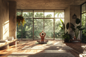 Wall Mural - woman doing yoga in a sunny meditation studio in front of a huge window with great view