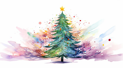 Canvas Print - decorated bright christmas tree watercolor illustration isolated on white background, print