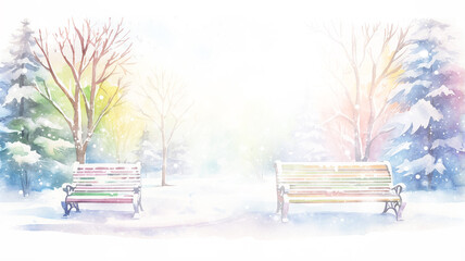 Wall Mural - christmas park, light white background park bench, watercolor illustration, abstract holiday background