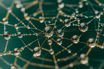close-up of spider web with glistening dew drops forming intricate patterns against a dark background