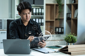 Wall Mural - Business man using computer, tablet and presses his finger on the virtual screen inscription Hosting on desk, Web hosting concept, Internet, business, digital technology concept.