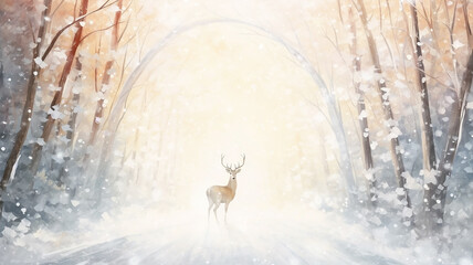 Canvas Print - greeting card for christmas, deer in the winter forest, illustration of new year decoration