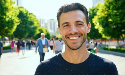 Wall Mural - Portrait of a smiling young man in the city, looking at camera