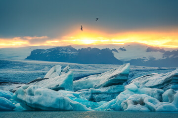 Wall Mural - Sunset shining over blue iceberg in Jokulsarlon glacier lagoon during summer at Iceland