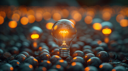 Wall Mural - a lit bulb emerging from a crowd of unlit bulbs, idea concept or wallpaper