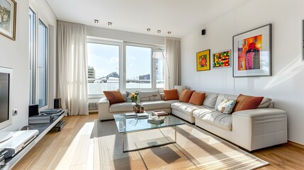 Poster - Living room with corner sofa glass coffee table image