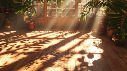 Canvas Print - Sunlit studio with wooden flooring and leaf shadows.