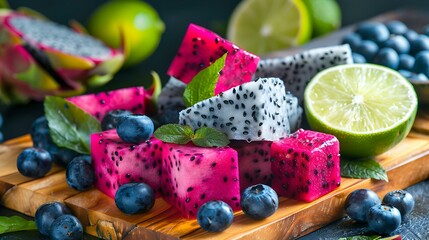 Wall Mural - Dragon fruit cut into cubes and neatly arranged