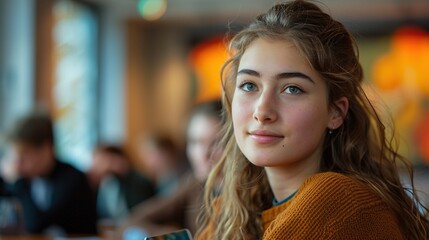 Wall Mural - Closeup of a college student with long brown hair in a crowded classroom