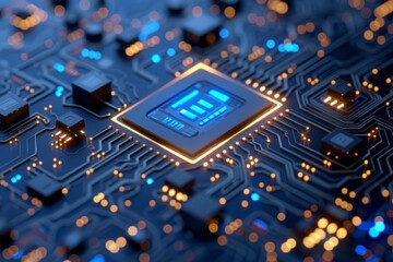 Poster - An advanced microchip is placed on a circuit board with illuminated lights symbolizing hightech electronics