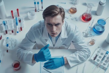 Report, blood sample, or scientist writing medical analysis or drug development research. Mask, checklist, scientist looking at science paper or DNA/virus test results in vial tube