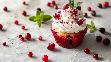 Wall Mural - Cranberry muffin with mascarpone cream and cranberries img