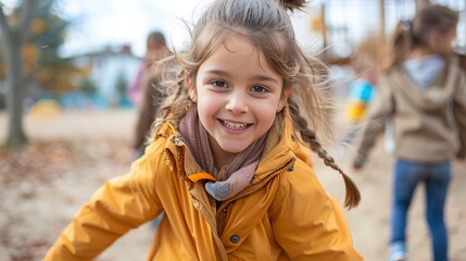 Wall Mural - A young girl in a yellow jacket is smiling and running