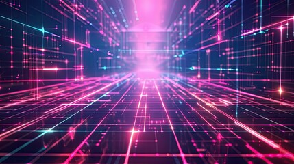 Poster - A futuristic background with neon lines and a digital grid pattern on a dark backdrop