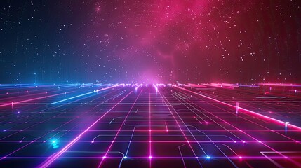 Poster - A futuristic background with neon lines and a digital grid pattern on a dark backdrop