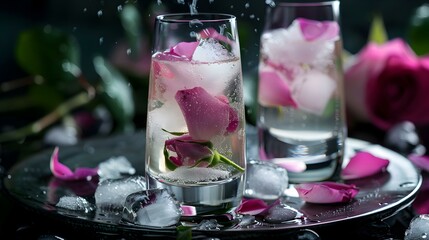 Wall Mural - Ice cubes with frozen rose petals floating img