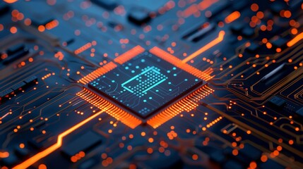Poster - A detailed shot of a spaceage microchip on a glowing circuit board, emblematic of cuttingedge technology
