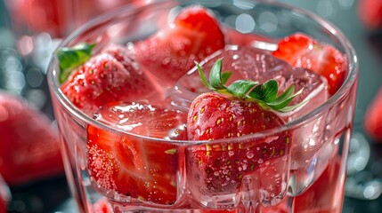 Wall Mural - Strawberry ice cubes served in a glass img