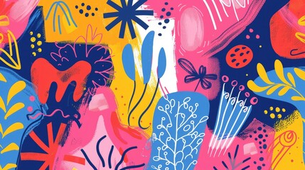 A playful abstract background with whimsical shapes and bright, cheerful colors