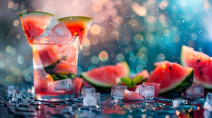 Canvas Print - Ice cubes with pieces of watermelon floating image