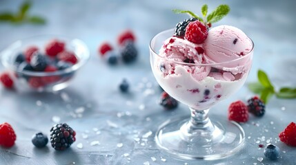 Canvas Print - Berry ice cream served in a transparent glass picture