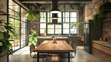 Wall Mural - Dining area with a wooden table and chairs