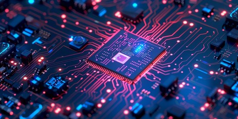 Poster - Futuristic cyber technology circuit chip with neon lights and glowing connections, showcasing advanced tech.