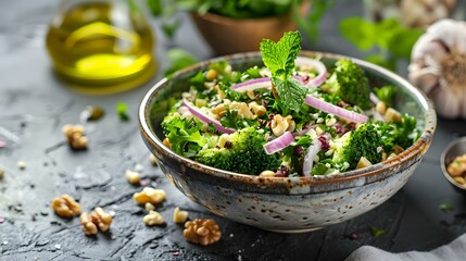 Wall Mural - Salad with broccoli red onions nuts and herbs img