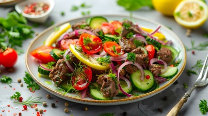 Poster - Salad with fried beef cucumbers tomatoes red onions img