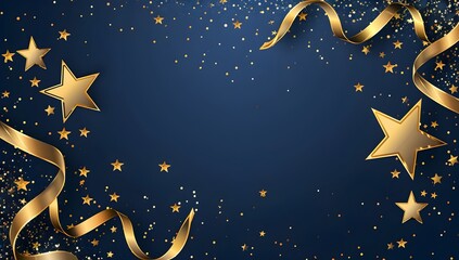 Wall Mural - Dark blue background with golden stars and ribbons, a luxury elegant background for banner design, greeting card or invitation template. Vector illustration. Dark blue background with gold stars and r