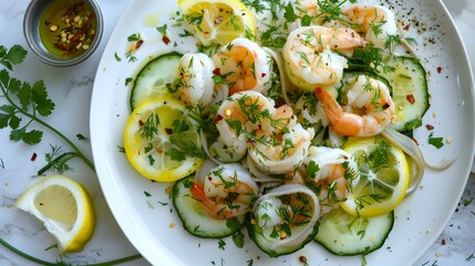 Wall Mural - Salad with shrimp squid cucumbers and herbs dressed image