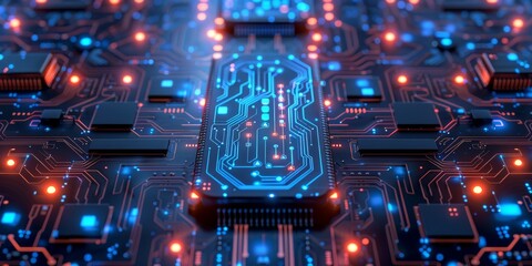 Poster - High-tech microchip featuring illuminated circuitry and components, representing advanced electronic innovation.