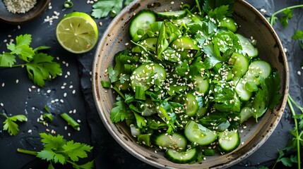 Wall Mural - Salad with seaweed cucumbers sesame seeds and herbs img