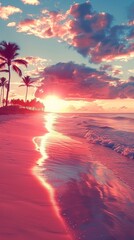 Wall Mural - Vibrant beach sunset with palm trees and colorful sky.