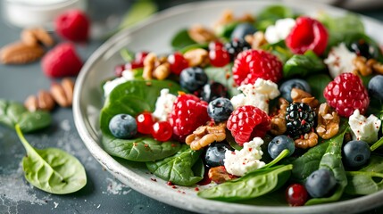 Poster - Salad with spinach leaves fresh berries nuts image