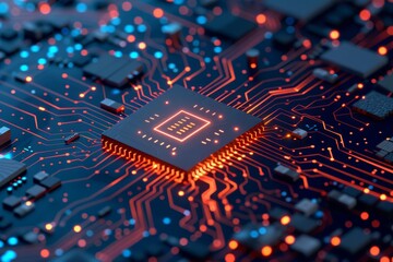 Poster - A detailed shot of a spaceage microchip on a glowing circuit board, emblematic of cuttingedge technology