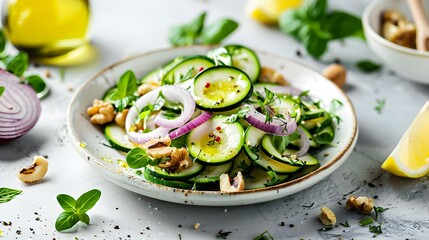 Wall Mural - Salad with chopped zucchini red onion herbs img