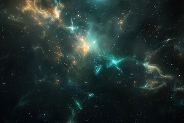 Cosmic 3D background with nebulas, stars, and swirling galaxies in vibrant green and gold hues, creating a mesmerizing and ethereal space scene.