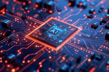 Poster - Close-up of AI processor embedded in a glowing circuit board, symbolizing advanced technology and computing.