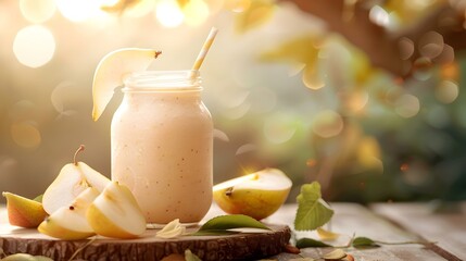 Wall Mural - Pear smoothie served in a glass jar image