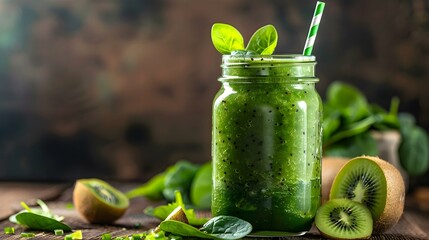 Wall Mural - Green smoothie served in a glass jar