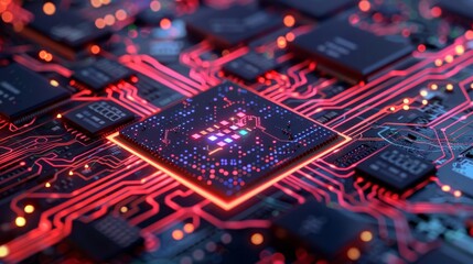 Poster - A detailed shot of a spaceage microchip on a glowing circuit board, emblematic of cuttingedge technology